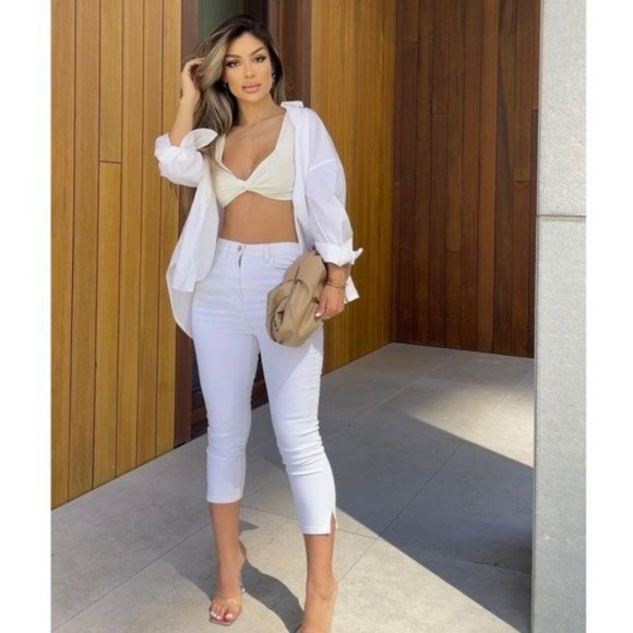 White High Waist Split Hem Skinny Capri Jeans Denim Pants - Picture 2 of 12